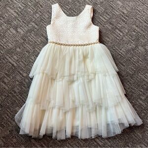 American Princess girls cream, ivory, gold tulle dress size 8 pearl accents